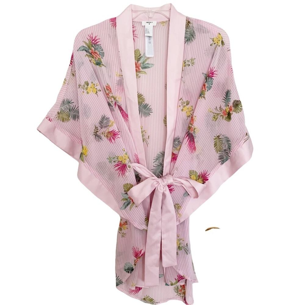 Forever 21 Pink Floral and Stripe Sheer Satin Trim Short Robe Small